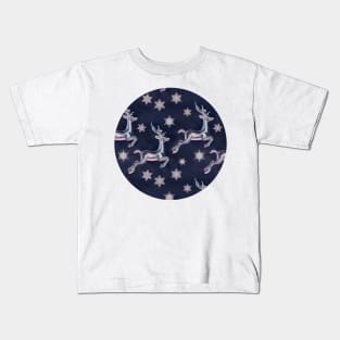 Silver Snowflakes & Happy Reindeer in Navy Blue & Pink Kids T-Shirt